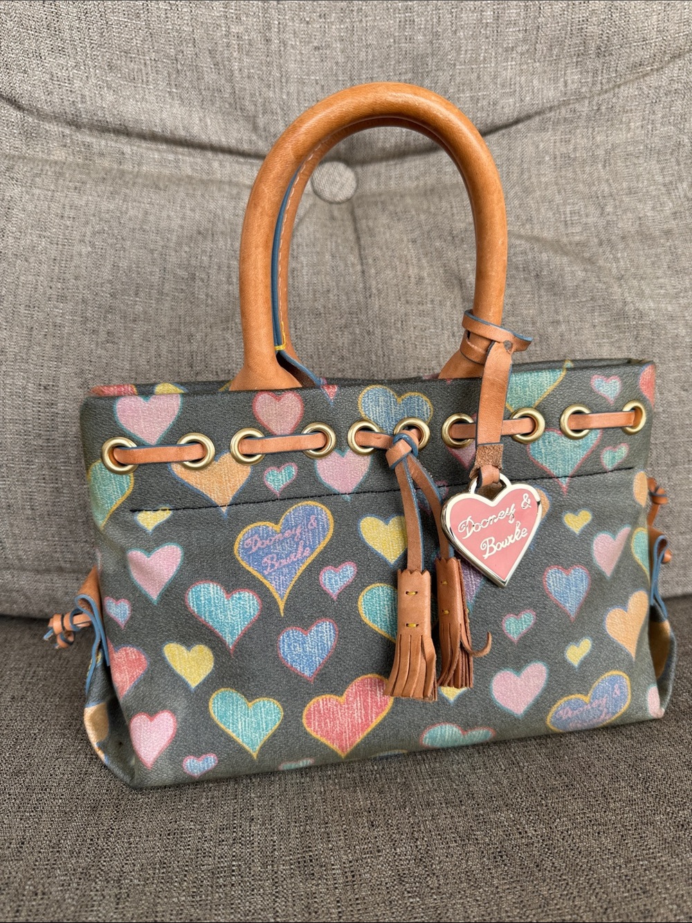 Vintage Dooney & Bourke Multicolor Heart Print Satchel with Tan Leather Handles